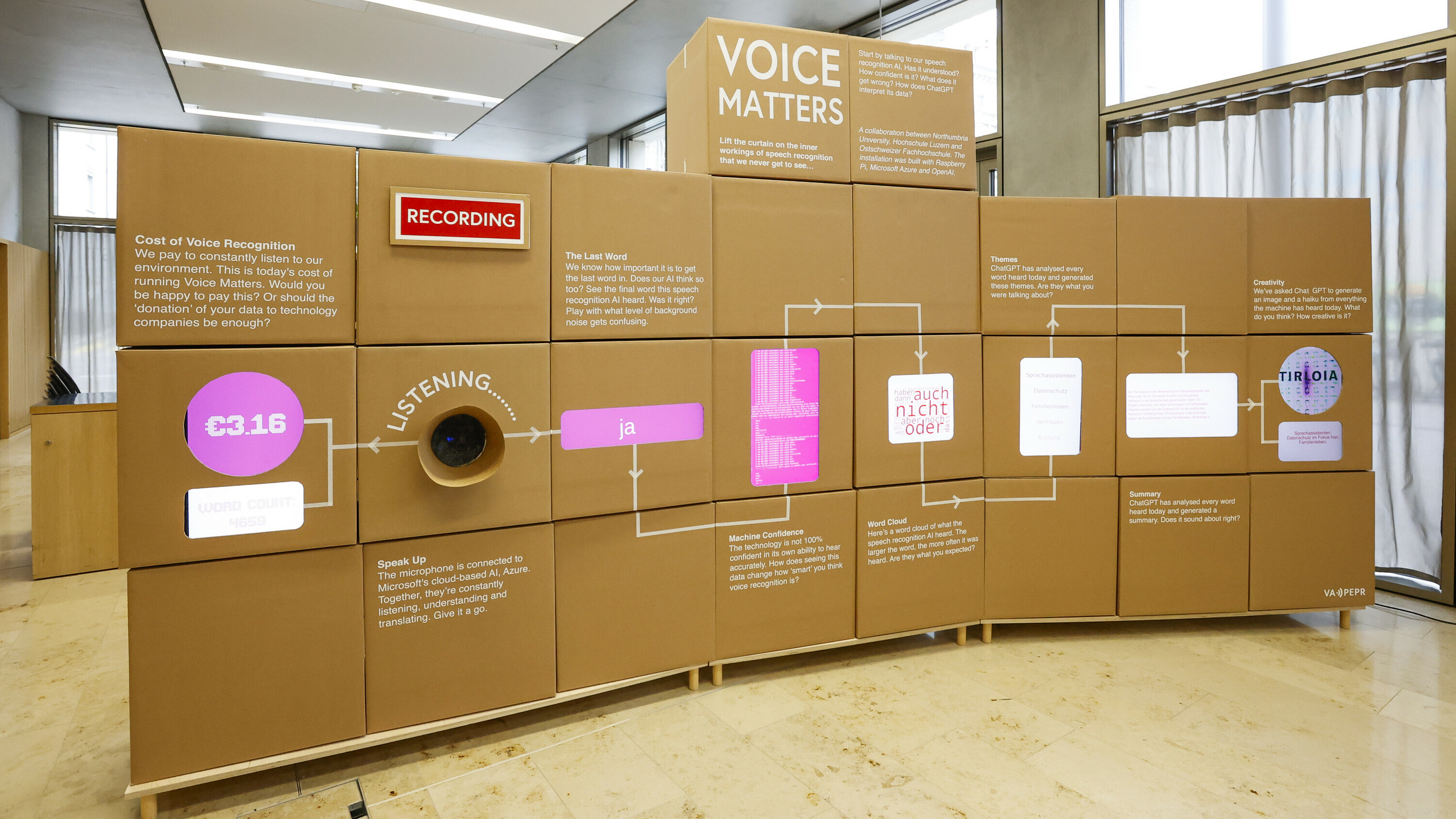 Installation "Spracherkennung mit Künstlicher Intelligenz erleben" Installation in Form einer grossen Wand, mit welcher die Spracherkennung mit Künstlicher Intelligenz dargestellt und selbst erlebt werden kann.