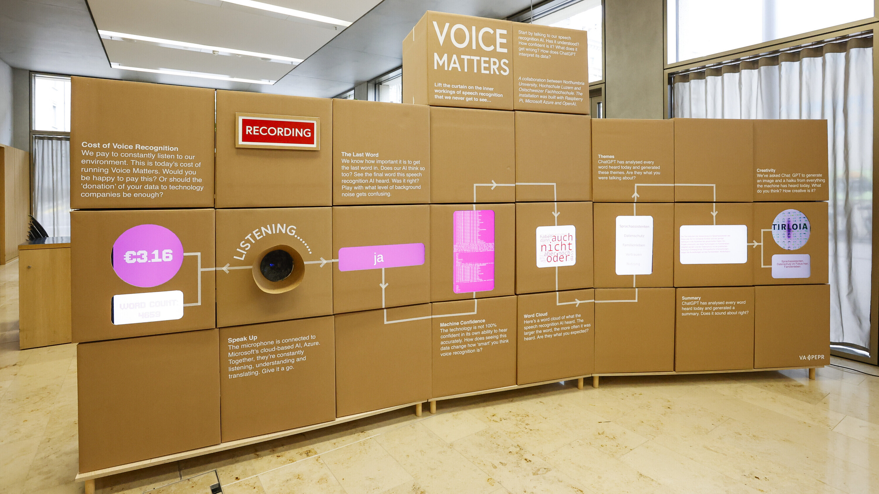Installation in Form einer grossen Wand, mit welcher die Spracherkennung mit Künstlicher Intelligenz dargestellt und selbst erlebt werden kann.