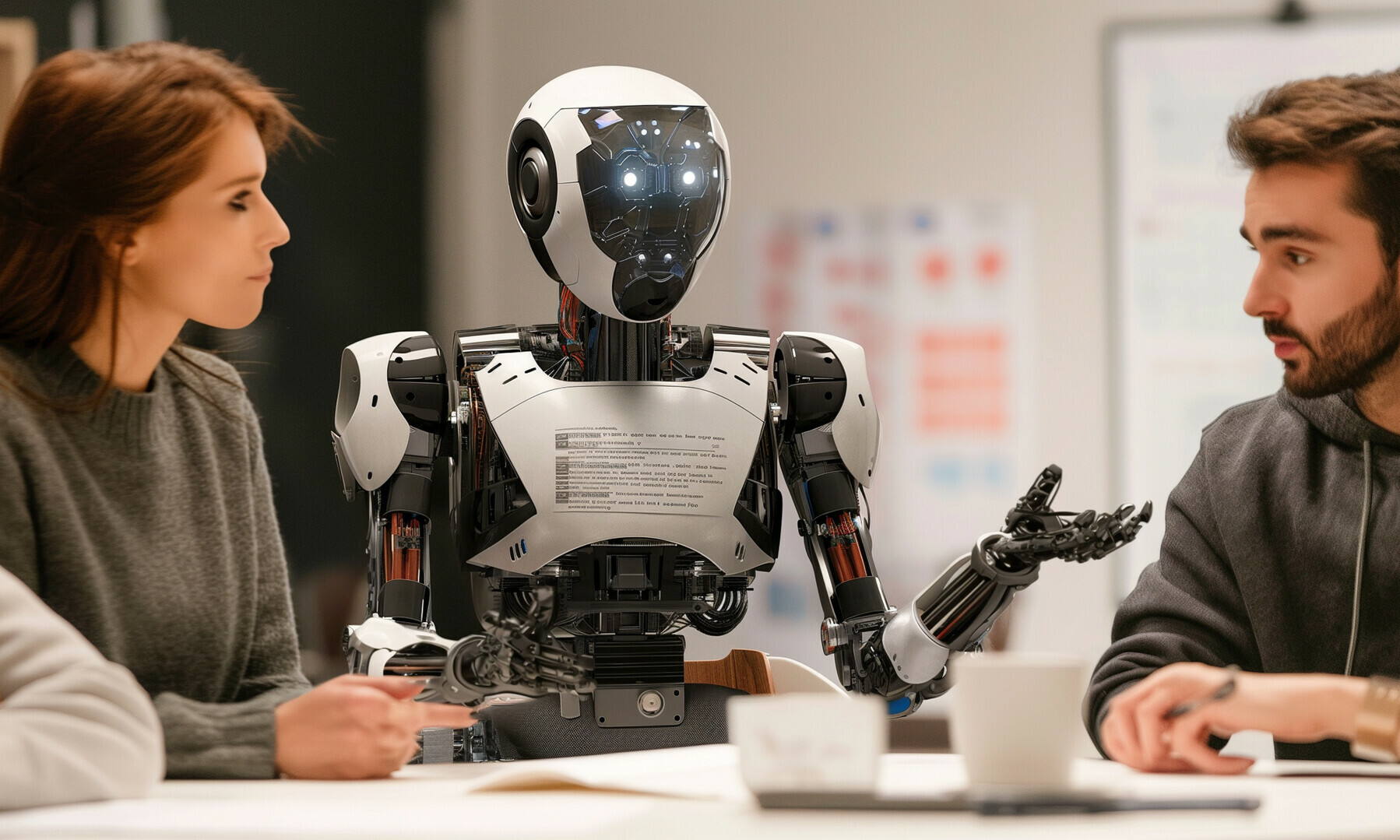 Personen sitzen bei einer Strategiesitzung zusammen mit einem Roboter (KI), der Geschäftsstrategie erklärt