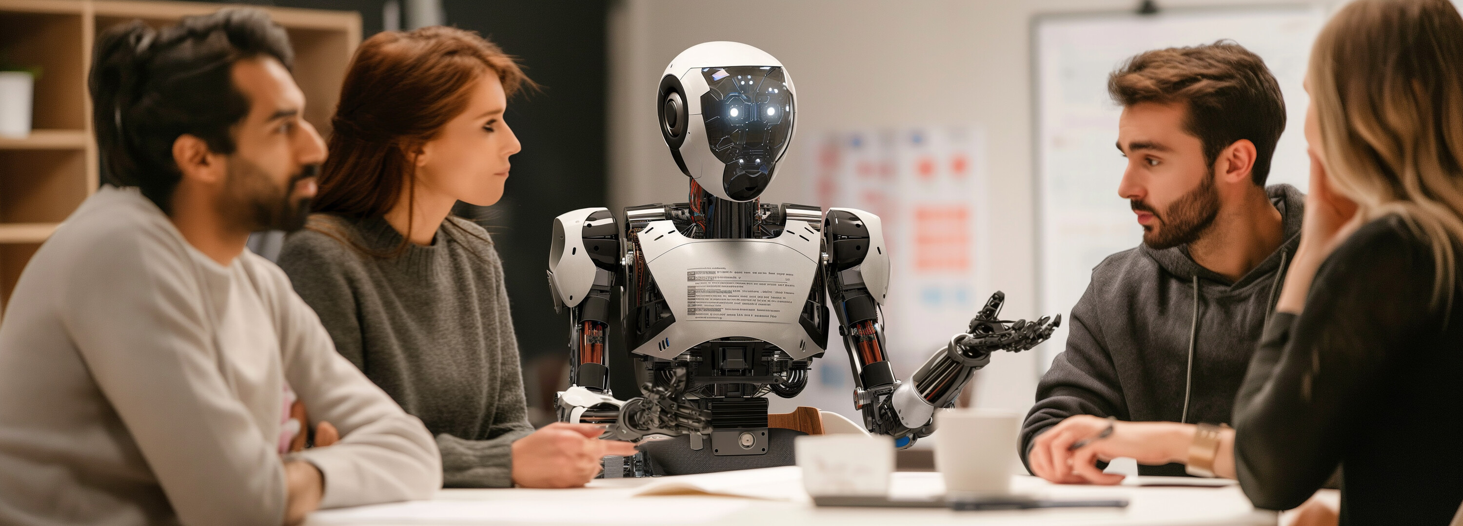 Personen sitzen bei einer Strategiesitzung zusammen mit einem Roboter (KI), der Geschäftsstrategie erklärt