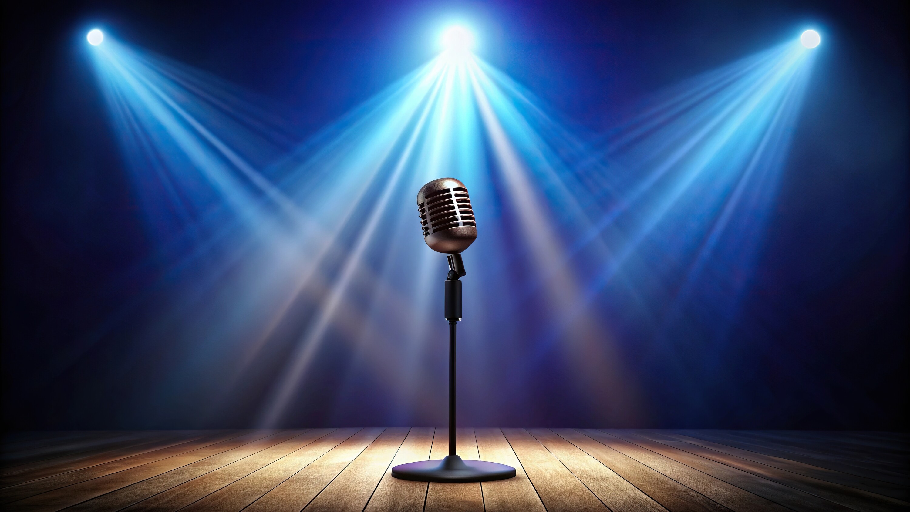 Silhouette microphone on stage with spotlight background