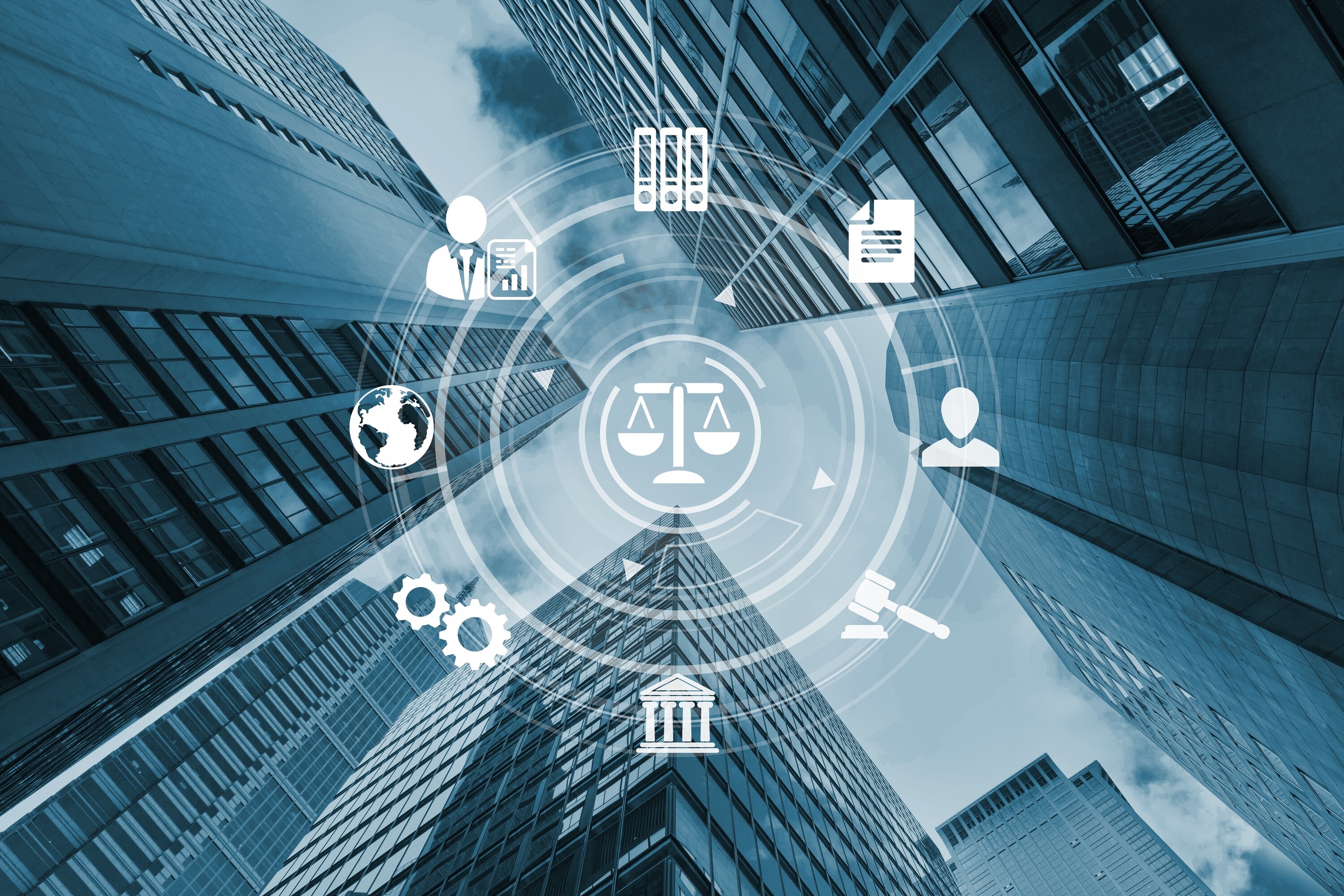 City skyline. Glowing hologram legal icons. The concept of law, order, regulations, digital justice